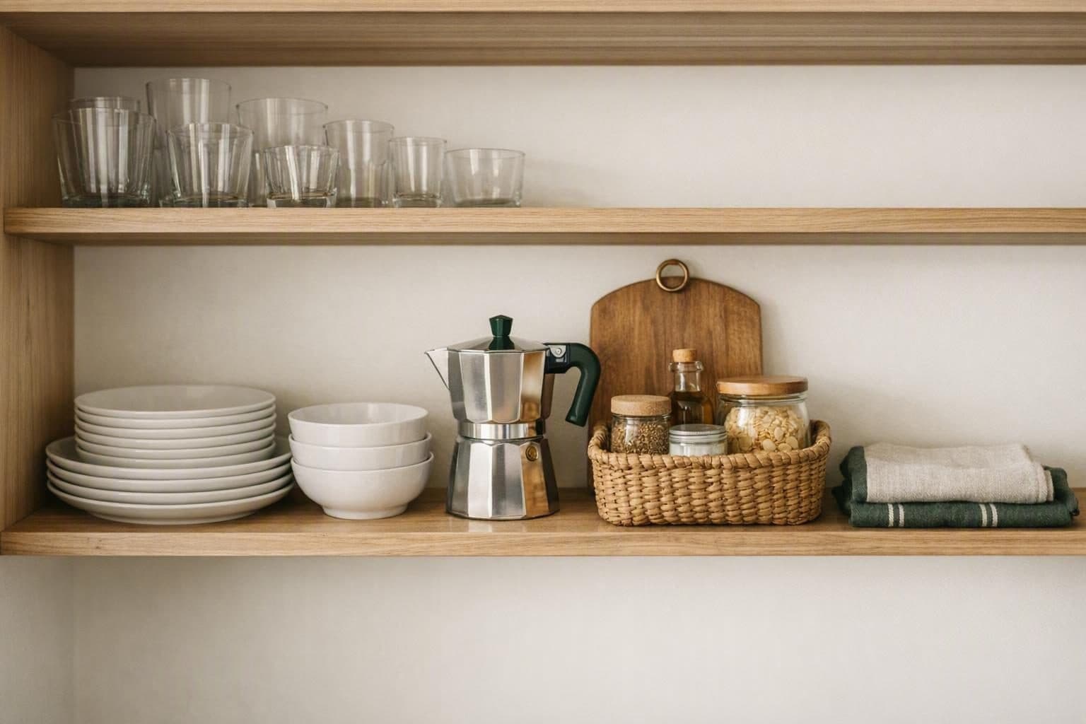 Étagère de cuisine ouverte : assiettes et bols blancs empilés, verres, cafetière italienne, planche à découper et panier de provisions.