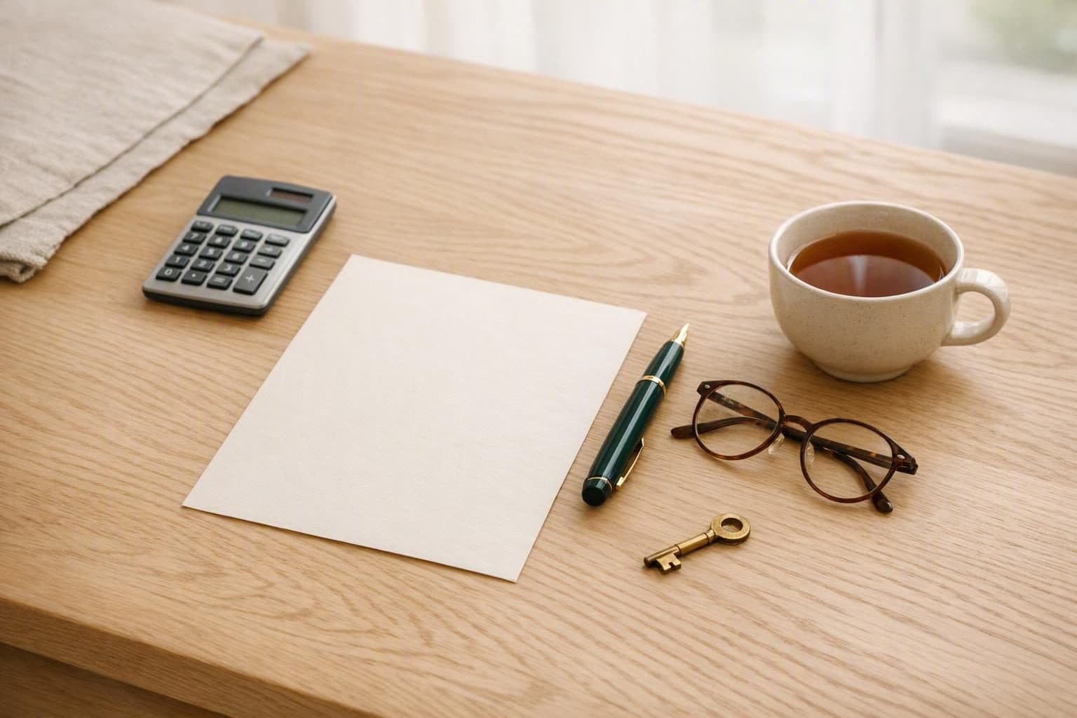 Table en chêne clair : feuille blanche, calculatrice, stylo plume, lunettes de lecture, tasse de thé et petite clé de laiton.