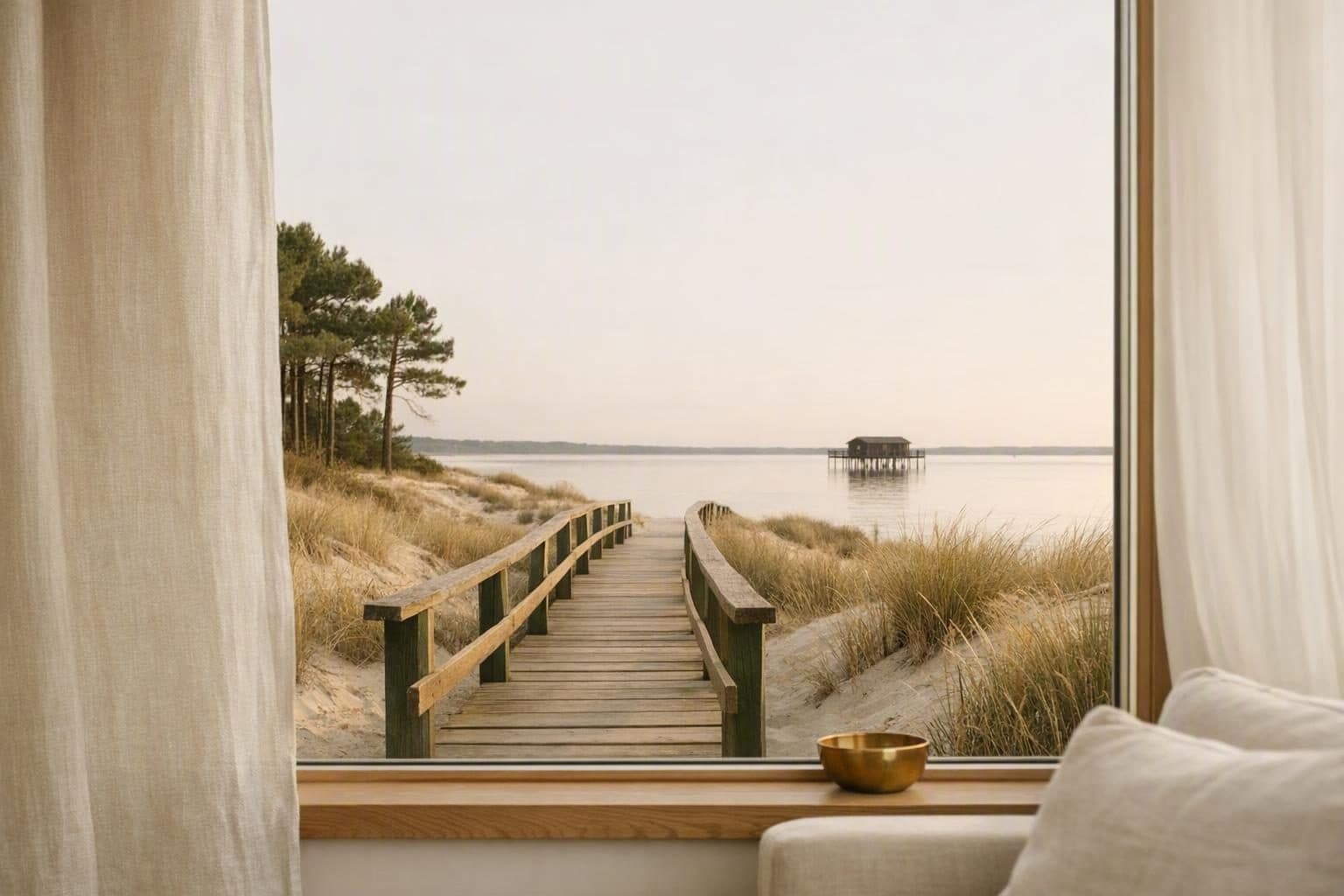 Illustration du Bassin : baie vitrée ouverte sur un ponton entre les dunes et les pins, cabane sur pilotis au loin.